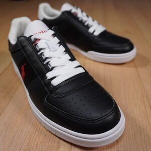 Polo Ralph Lauren Court Sneaker Black White Size 7.5 D Leather Nylon Brand New